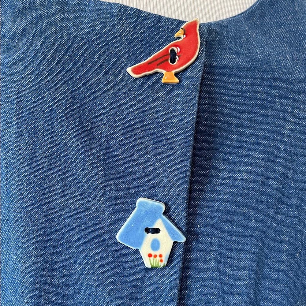VINTAGE DOGWOOD LANE CHAMBRAY JUMPER DRESS WITH BIRD SHAPE BUTTONS BLUE SIZE L - Picture 5 of 13